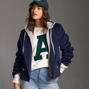 Maeve by Anthropologie Navy Twofer Peacoat with Removable Gray Hoodie insert